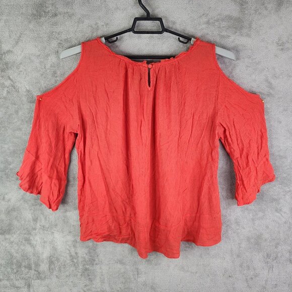 Women's Orange Chico's Blouse Top Cold Shoulder 3/4 Sleeve Round Neck Size 3 - Picture 8 of 12